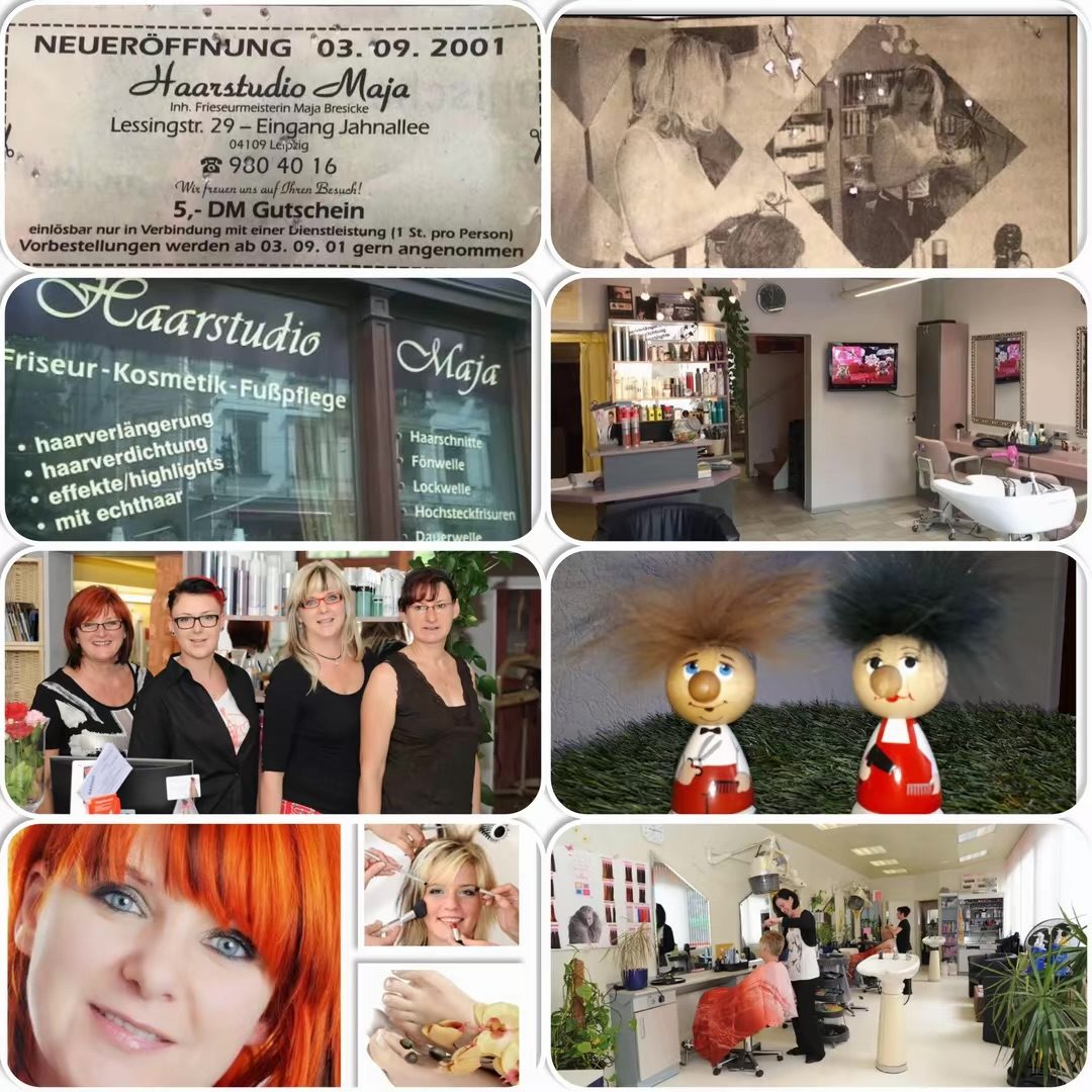 Collage: Neueröffnung des Haarstudio Maja am 3. September 2001 und Bilder aus 25 Jahren